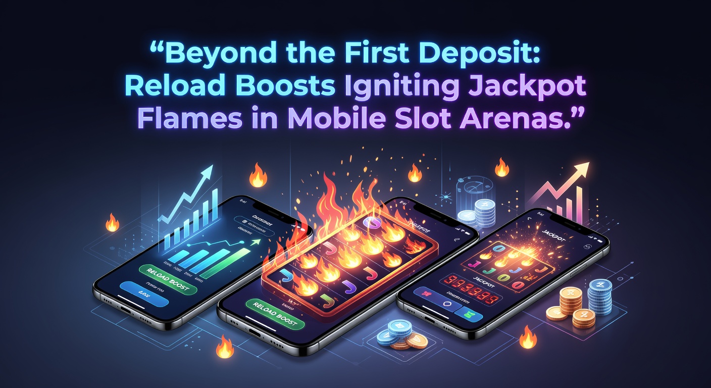 Grafik mit explodierenden Jackpots auf Smartphone-Bildschirm, umgeben von Reload-Bonus-Icons und Flammen-Effekten