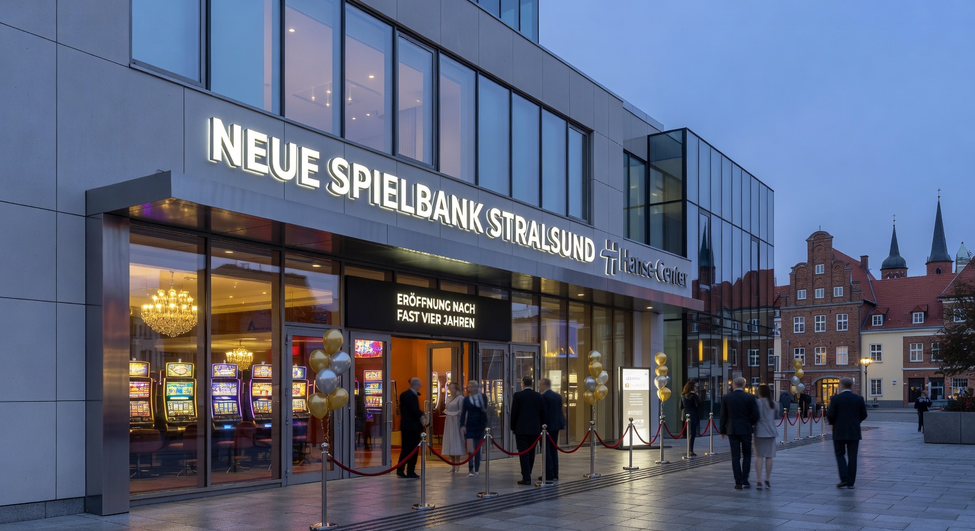 Innenansicht einer modernen Spielbank mit leuchtenden Automatenreihen im Hanse-Center Stralsund, Spieler am Werk