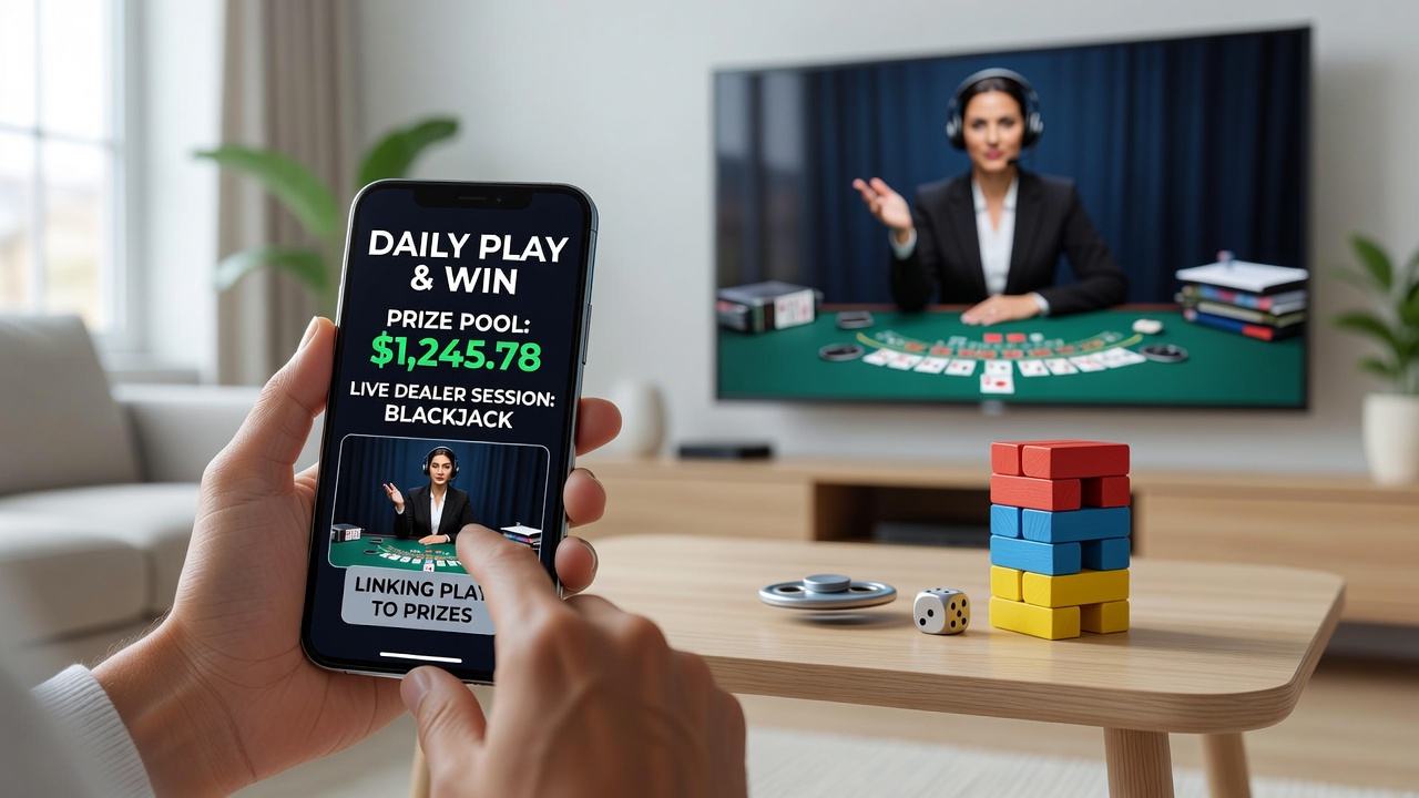 Smartphone-App mit Live-Dealer-Elementen zeigt tägliche Spielroutinen und Preispool-Anhäufung