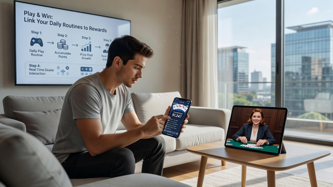Detailansicht einer mobilen App-Oberfläche mit Preispool-Anzeige und Live-Dealer-Stream
