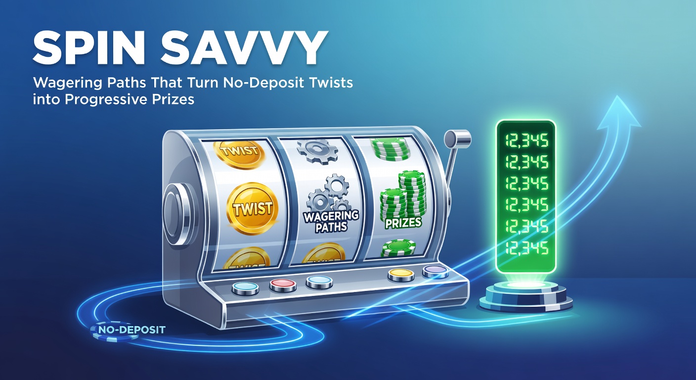 Grafik zeigt einen Pfad von No-Deposit-Free-Spins zu einem explodierenden progressiven Jackpot mit Münzen und Slotsymbolen